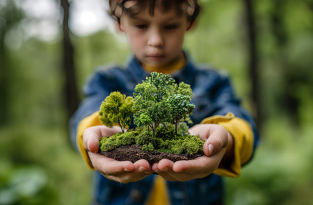 8-year-old boy carefully holding a small model of a forest in his handsの素材