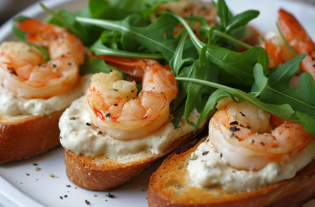 Close-up of bruschetta with creamy sauce, topped with shrimp and fresh arugula leaves on a white plateの素材