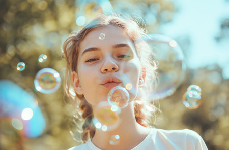 A girl in a white shirt blowing soap bubbles in an outdoor setting, with defocused trees and sunlight in the backgroundの素材