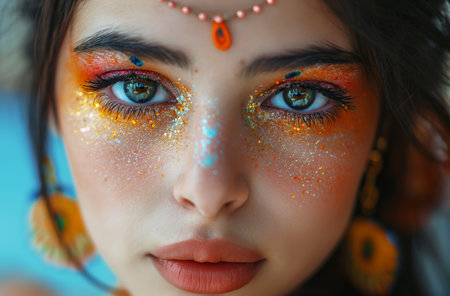 Close-up of an 18-year-old girl with Indian-style glitter makeup on her face, featuring orange and gold hues, a forehead jewelの素材