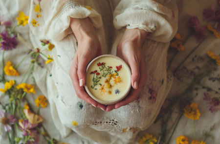 Hands holding a jar of honey adorned with flowers against a backdrop of fabric with floral patternの素材