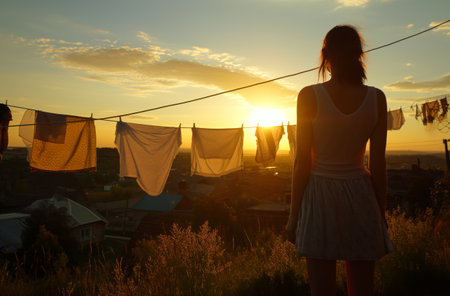 A girl stands in front of a clothesline with freshly washed clothes hanging to dry against the backdrop of a summer sunsetの素材
