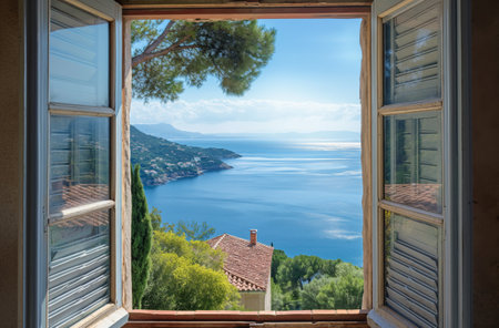 An open window frames a view of the sea and coastline, with a tree branch overhead and part of the villas roof in the foregroundの素材