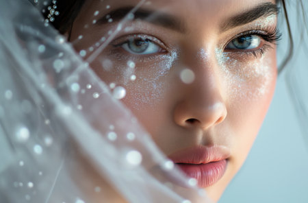 Close-up of a 22-year-old womans face with detailed makeup, embellished with pearls and glitter, under a sheer veil with visible highlights of the lightの素材