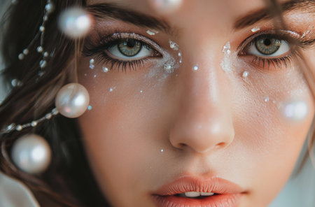 Close-up of a 20-year-old womans face with makeup, with pearls and glitter around her eyesの素材