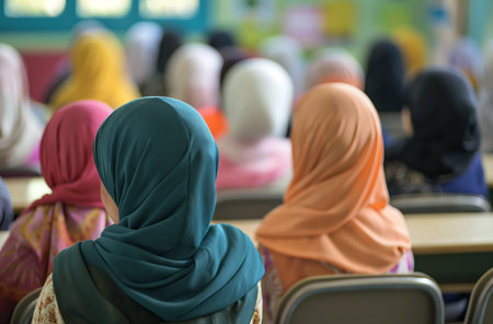 Rear view of female students wearing multi-colored hijabs sitting in a classroom, indicating religious observancesの素材