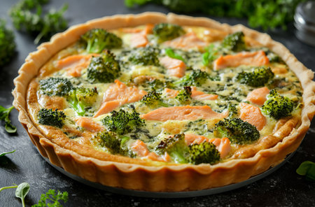 Homemade quiche with pink salmon chunks and green broccoli, encased in a flaky pastry crust, perfectly bakedの素材