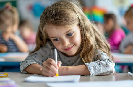 A young girl with blonde hair writing in a notebook during a test in a junior school classroomの素材