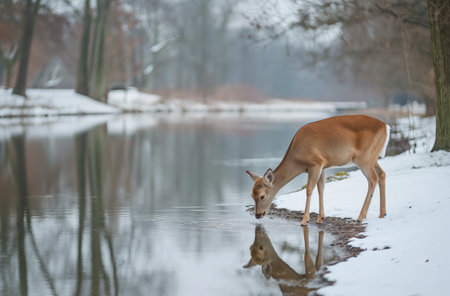 A deer quenches its thirst in a lake among a snow-covered forest, its reflection is reflected on the surface of the waterの素材