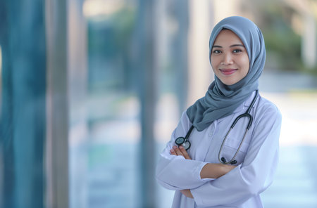 A female doctor in a light hijab and a white medical coat stands with her arms crossed and a stethoscope around her neckの素材