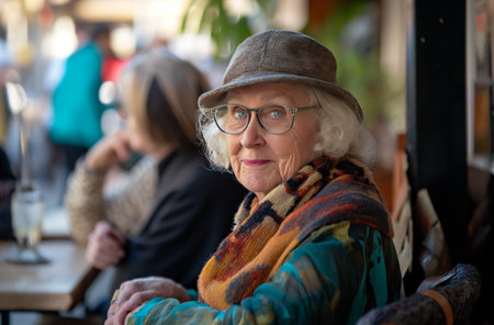 An elderly woman with glasses and a stylish hat sits in a cafe, with a satisfied and observant expression on her face, wrapped in a bright scarfの素材