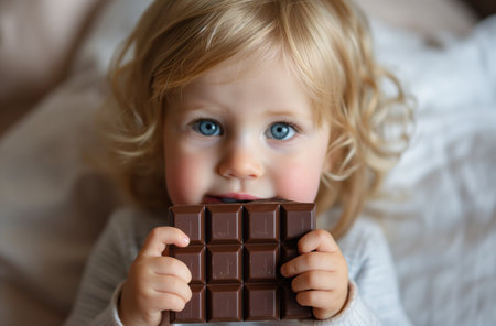 Close-up of a young child holding a large bar of chocolate, potential allergy risks such as diathesis considered for children consuming sweetsの素材