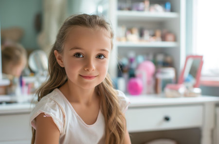 A young girl looks at the camera with a smile, a dressing table with various cosmetics is visible on a blurred backgroundの素材