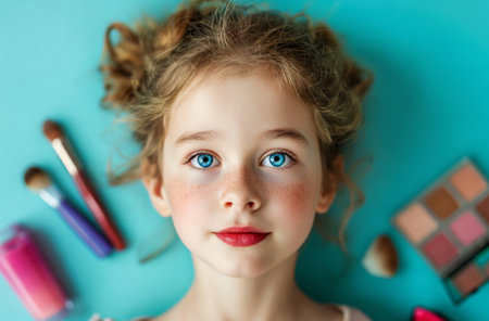 Close-up of a young girls face, with makeup items scattered around her on a turquoise background. She looks at the camera, her cheeks are covered with freckles and her lips are painted redの素材