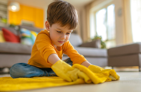 A boy wearing a bright orange shirt and protective yellow gloves mops the floor with a rag, concentrating on his task in a home environmentの素材