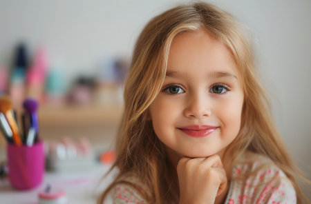 A six-year-old girl with blond hair and blue eyes sits at the makeup table. She is surrounded by various makeup itemsの素材