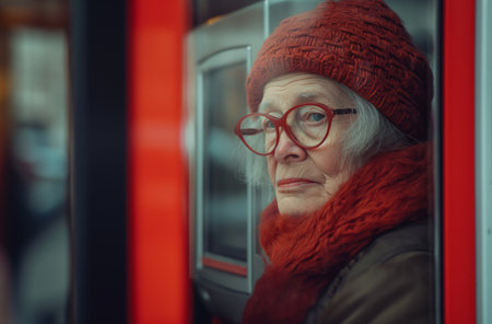 An elderly woman with gray hair, wearing red glasses, a red knitted hat and scarf, stands near an ATM and looks thoughtfulの素材