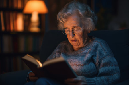 An elderly woman with gray hair and spectacles reads a book in a dimly lit room, illuminated by a table lampの素材