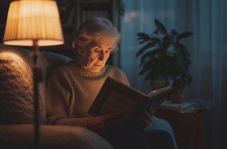 A senior woman sits comfortably, deeply engrossed in reading a book by the warm light of a lamp, in a cozy home settingの素材