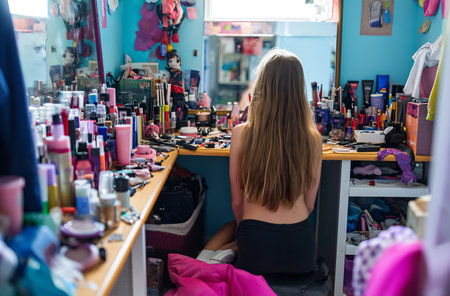 A teenage girl with long hair sits at a vanity table in a cluttered room, her back to the camera, surrounded by a vast collection of cosmeticsの素材