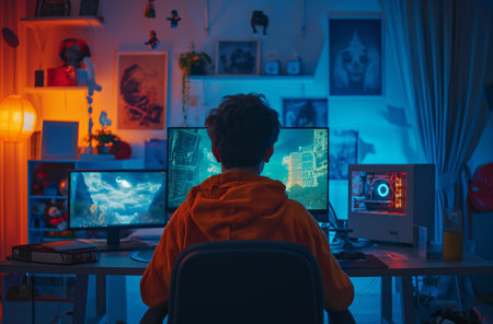 A teenage boy is immersed in games surrounded by the glow of multiple computer screens in his roomの素材