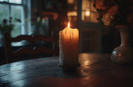A white candle with dripping wax is lit in a darkened room, placed on a wooden surface with a blurred backgroundの素材