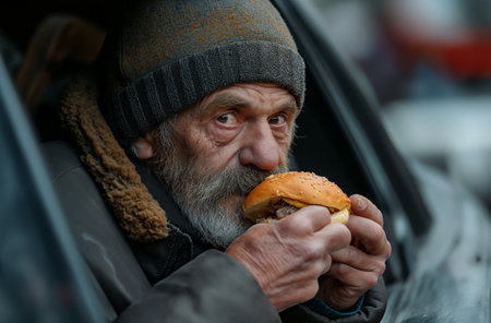 Elderly man with a beard eats a hamburger on the street, his weathered features reflecting the toughness of street lifeの素材