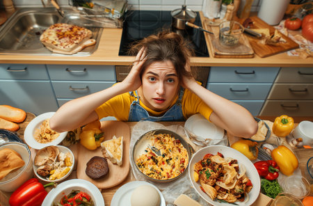A tired woman surrounded by an array of dishes and food in a busy kitchen looks overwhelmed by the cooking processの素材