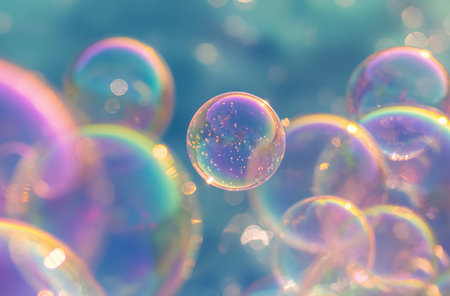 Cluster of soap bubbles with colorful reflections and bokeh effect on a blue backgroundの素材