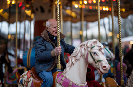 Senior man with a joyful expression riding a carousel horseの素材