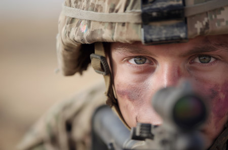 A detailed close-up of a soldier in camouflage with focused eyes aiming down sights, helmet-mounted equipment visible and face marked with combat paintの素材