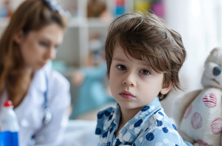 A young boy with brown hair and blue patterned pajamas sits in a doctors office, looking at the camera, with a female doctor and a teddy bear in the backgroundの素材