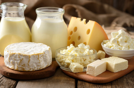 Milk in clear glass bottles, round Camembert, yellow Swiss cheese, white cottage cheese in a bowl, and square butter blocks on a wooden boardの素材