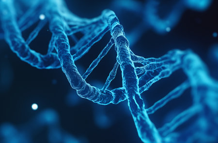 A 3D rendered model of a DNA molecule showcasing the double helix structure with a glowing blue backdropの素材