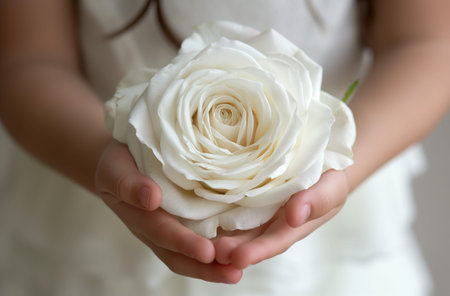 A close up of a childs hands carefully holding a pristine white rose, its petals arranged in concentric circles, against a soft white dress backgroundの素材