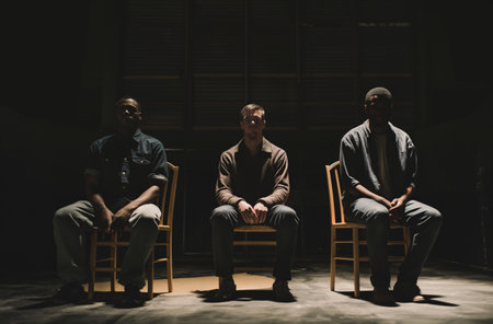 Three men sit on chairs in a dimly lit room, each isolated in a beam of light that highlights their pensive expressions, representing different ethnic groupsの素材