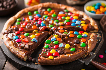 Chocolate covered pizza, sliced and decorated with a colorful mixture of candies, glazed chocolate pieces and sprinklesの素材