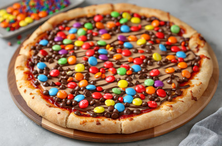 Pizza with golden crust, covered with a layer of chocolate sauce, with lots of colorful candies and chocolate chipsの素材