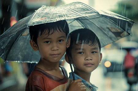 Two Asian boys on a rainy street, the older one covering the younger with an umbrella, both with wet hair and raindrops on their skin, against a backdrop of city lights and vehiclesの素材