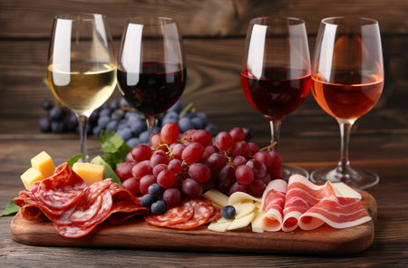 Wine tasting setup with glasses of red, white and rose wine and wooden board with grapes, slices of cheese and cold cutsの素材