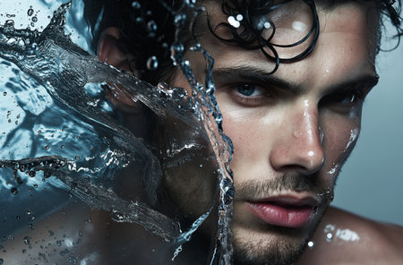 Close up of a mans face partially covered by a dynamic splash of water, highlighting his intense gaze and detailed water droplets against his skinの素材