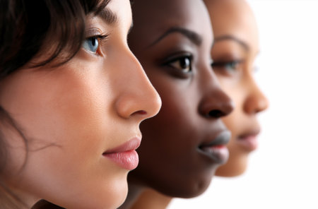 Three women of different ethnicities in a sequential profile view, highlighting varying skin colors, facial structures, and featuresの素材