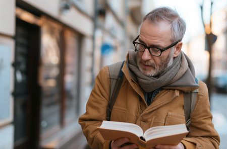 A middle aged man concentrating on a book, standing on a city sidewalk, wearing a scarf and a warm yellow jacket, in the middle of busy city lifeの素材