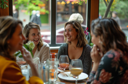 A group of women eat lunch at a table, engaging in cheerful conversation, drinks and a casual dinner atmosphere, with a view of the street outside the windowの素材