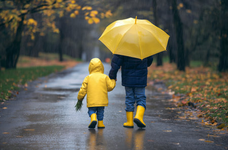 An older brother with a yellow umbrella and yellow boots covers his younger brother, dressed in a yellow raincoat and yellow rubber boots, as they walk together along a rainy street strewn with fallen autumn leaves.の素材