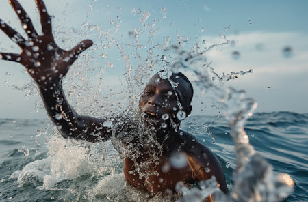 A young, joyful, dark skinned man swims in the sea, creating a lot of splashes of water around himの素材