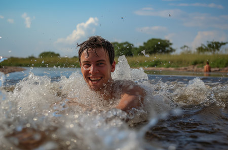 A cheerful young man of about 25 is swimming in the lake, creating a lot of splashes of water around himの素材