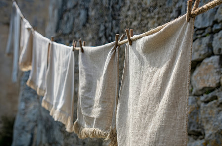 Rough linen fabric hanging to dry on a line with rustic wooden clothespins, stone wall in the backgroundの素材