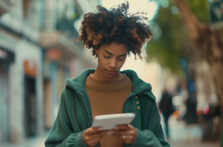 A 25 year old African American woman, her hair styled in a voluminous afro bun, engages with a tablet on a city streetの素材