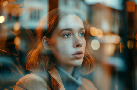 View through the window of a woman in her 30s with a worried look, wearing a light jacket over a turtleneck sweater. City lights create a blurry background with lots of bokeh effectsの素材
